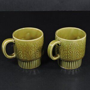 Vintage Green Glazed Ceramic Stacking Mugs - Flowers Design - 1970's era Japan